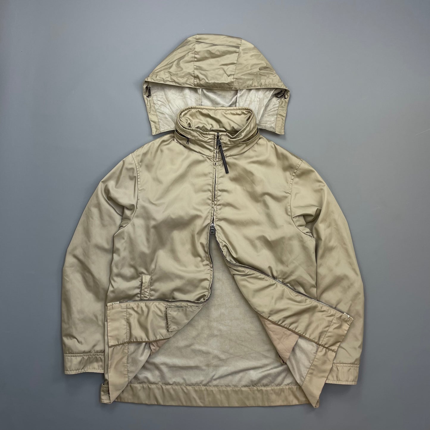 Prada Milano Beige Longline Concealed Hood Windbreaker Jacket