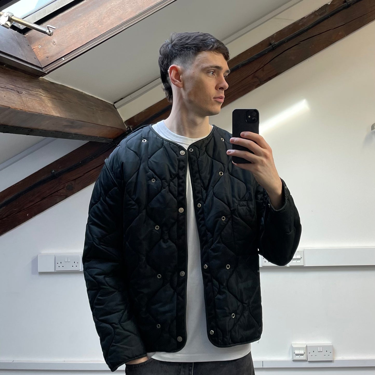 Stone Island Black AW99 Raso Gommato Dual-Layer Dutch Rope Nylon Padded Liner Overcoat