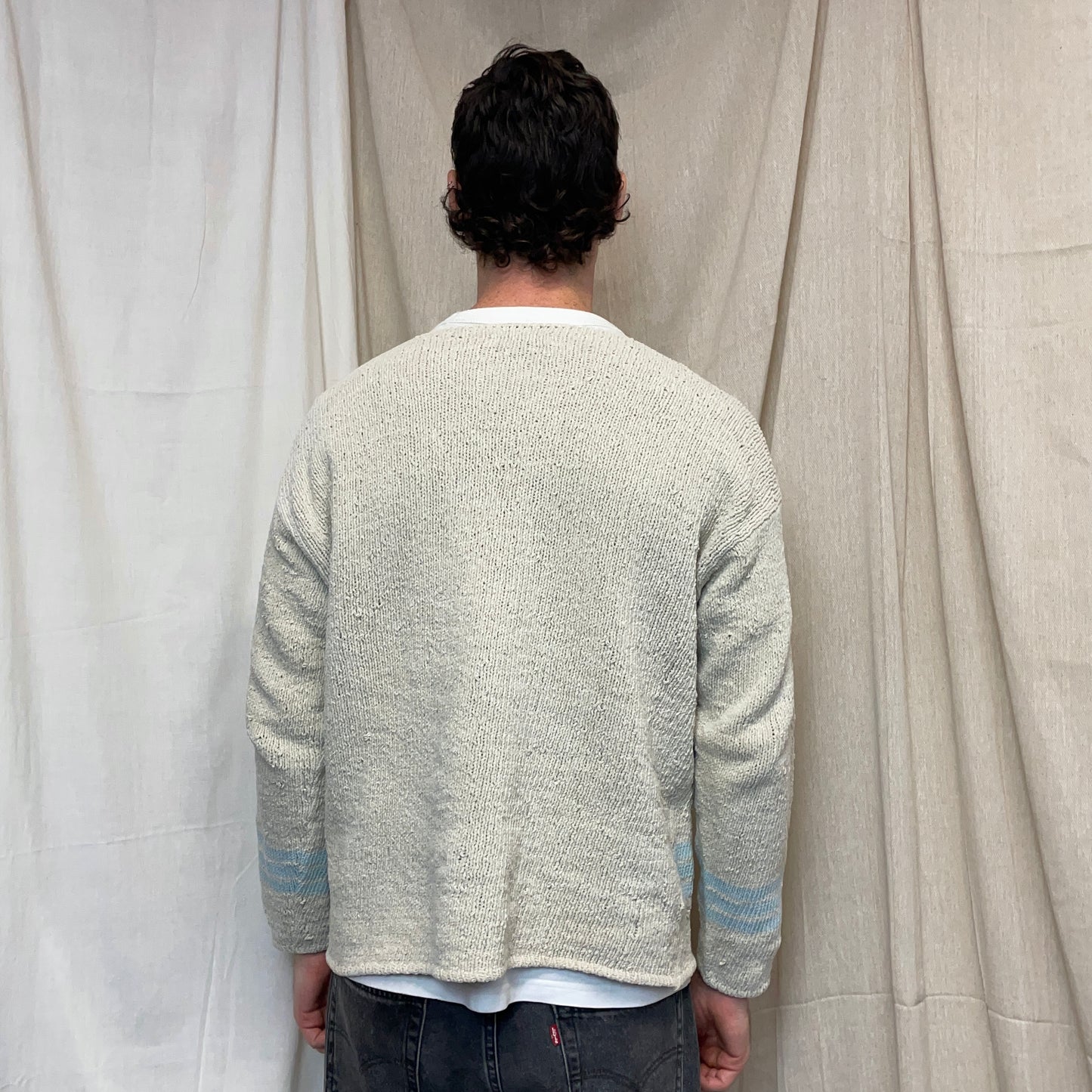 Stone Island Cream & Blue SS97 Emblem Detailed Chenille Knit Jumper