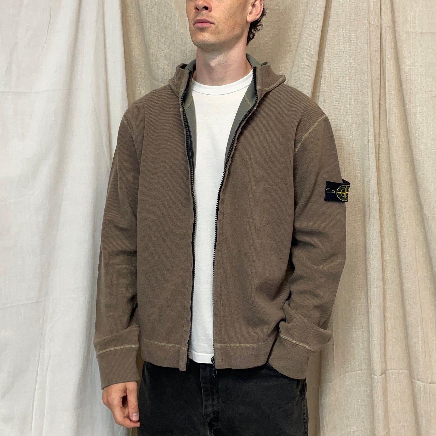 Stone Island Black AW03 Wool-Blend Contrast Stitch Knit Hooded Jacket