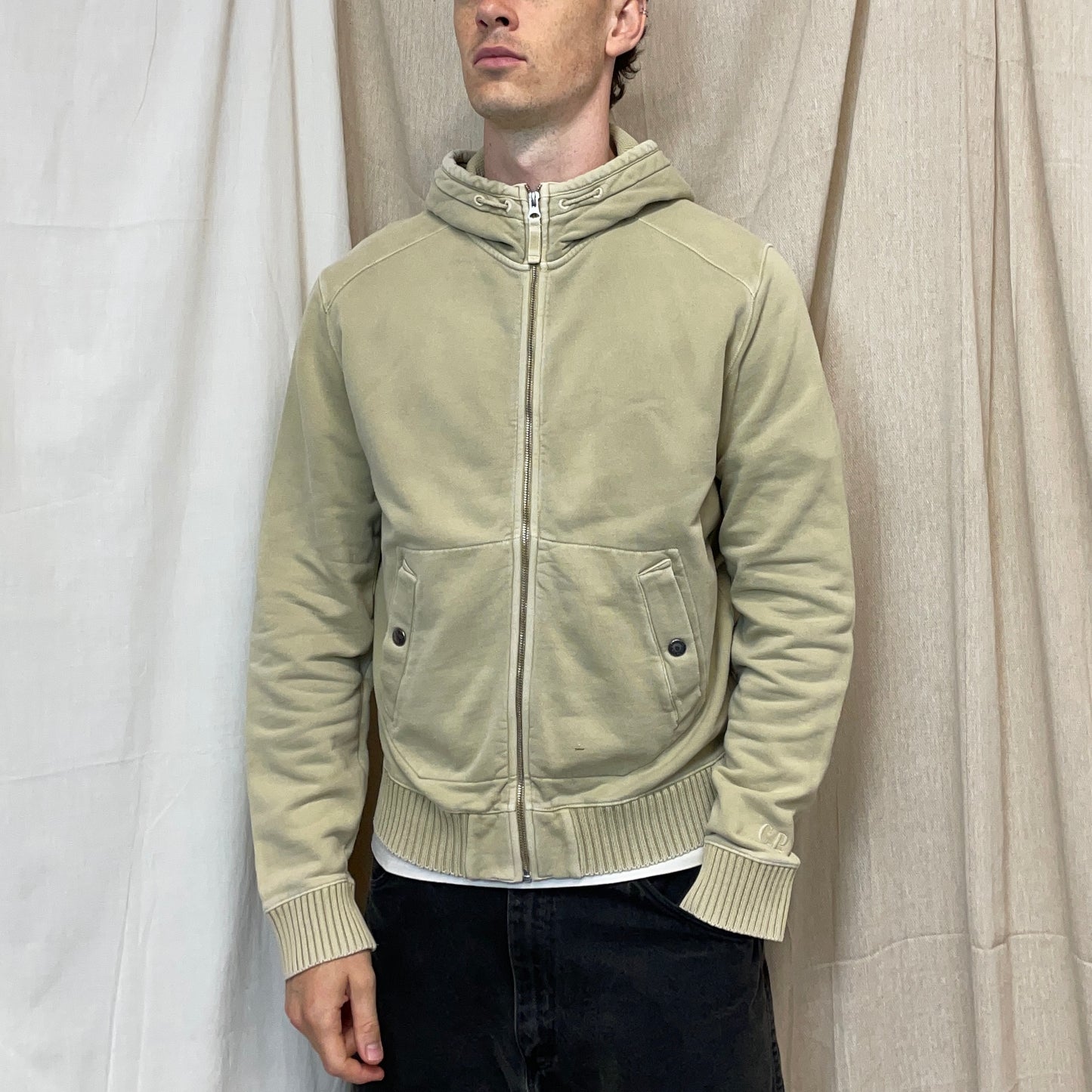 C.P. Company Beige Cotton Zip-Through Cuff Spellout Hoodie