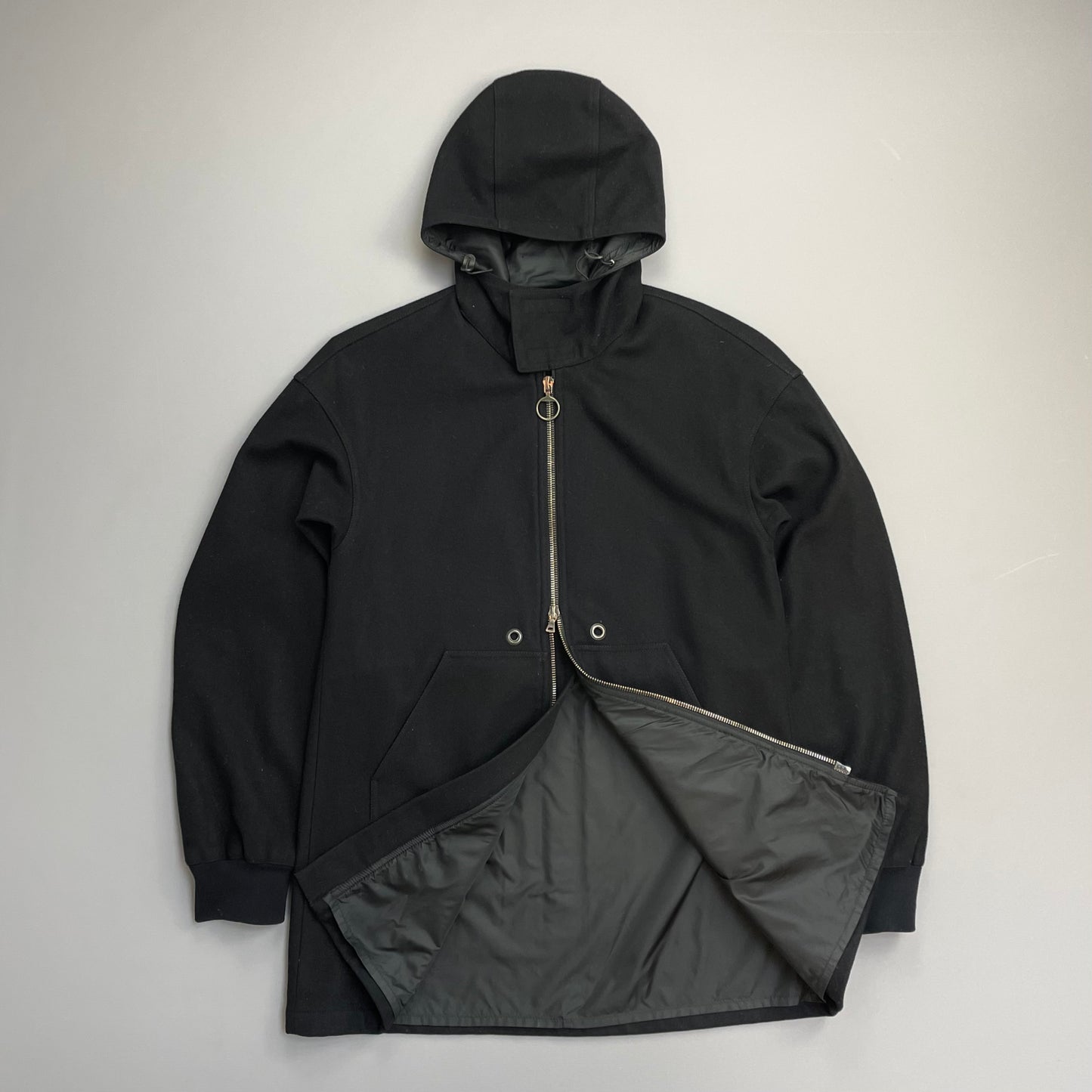 Prada Sport Black 00s Longline Nylon-Lined Wool Hooded Parka Coat