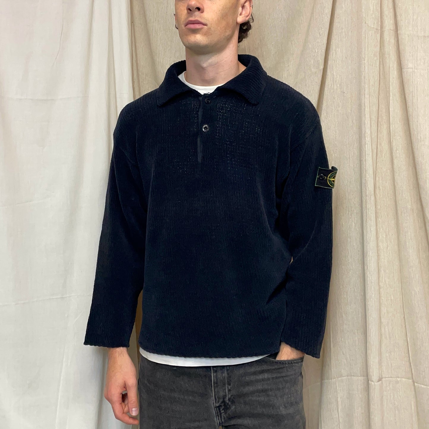 Stone Island Navy SS95 Chenille Knit Green Edge Badge Button Collar Jumper