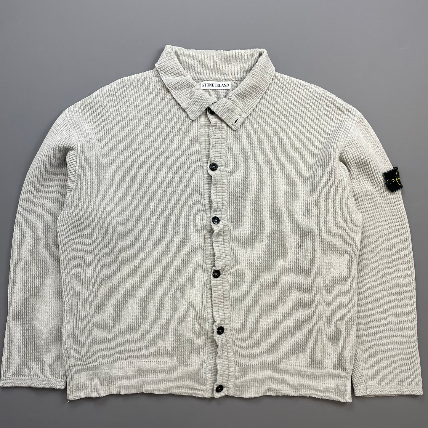 Stone Island Grey SS99 Chenille Knit Button-Through Green Edge Badge Cardigan Jacket
