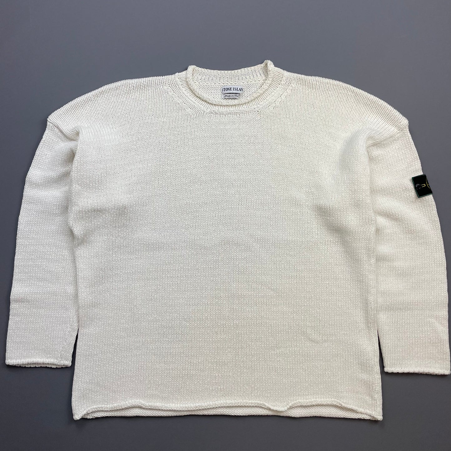 Stone Island Cream White SS95 Chunky Raw-Edge Heavyweight Green Edge Badge Knit Jumper