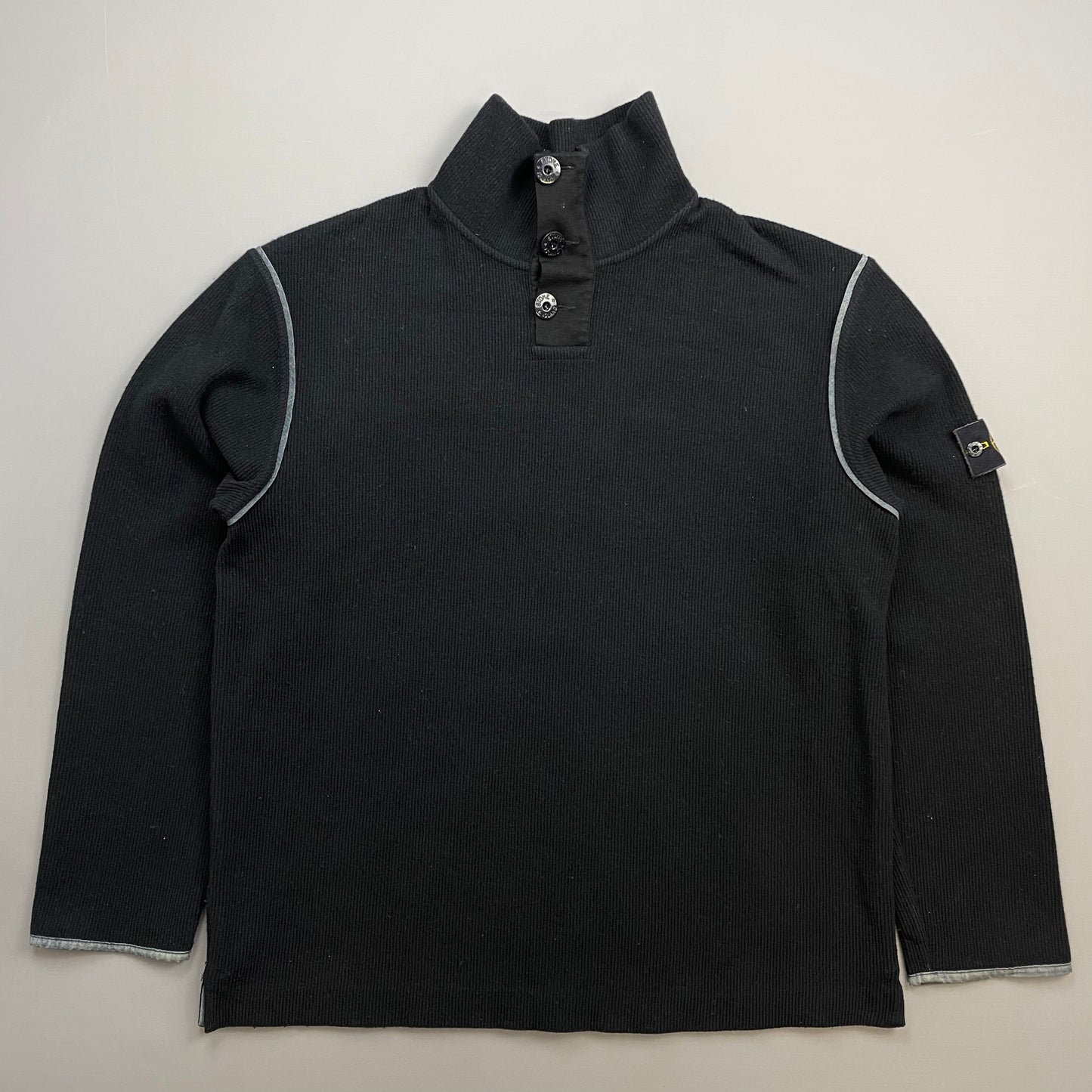 Stone Island Black AW02 Fine-Rib Grey Accent Button Collar Wool Knit Jumper