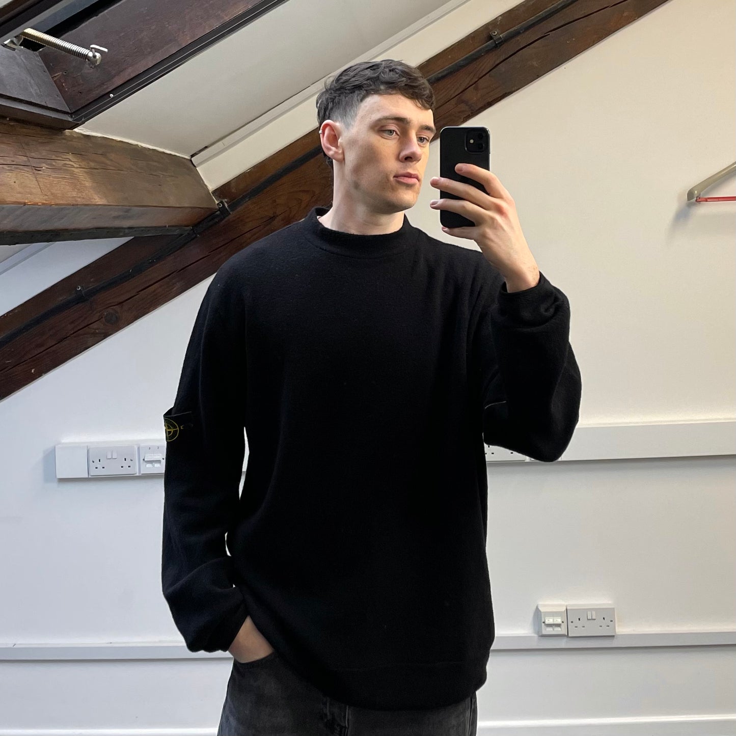 Stone Island Black AW02 Wool-Blend White-Stitch Jumper