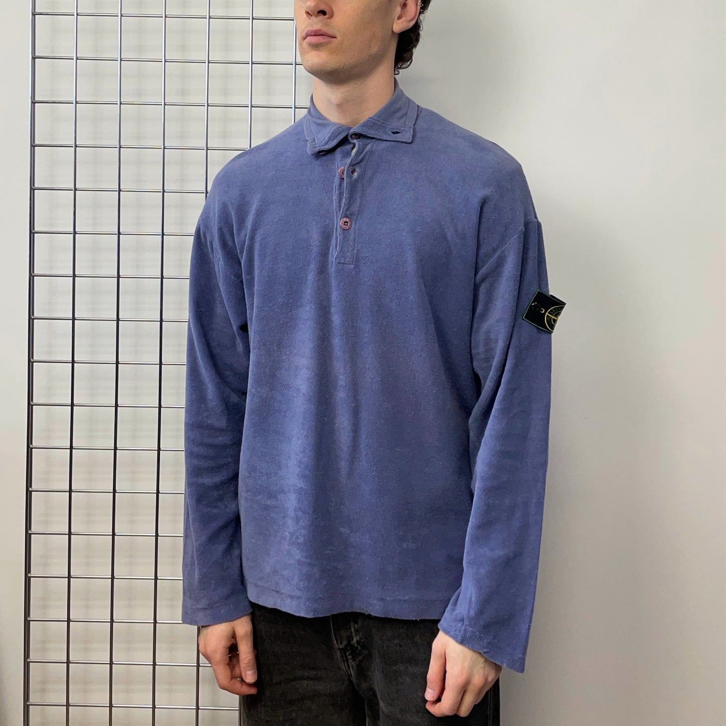 Stone Island Blue 90s Fleece Button-Up Green Edge Badge Jumper
