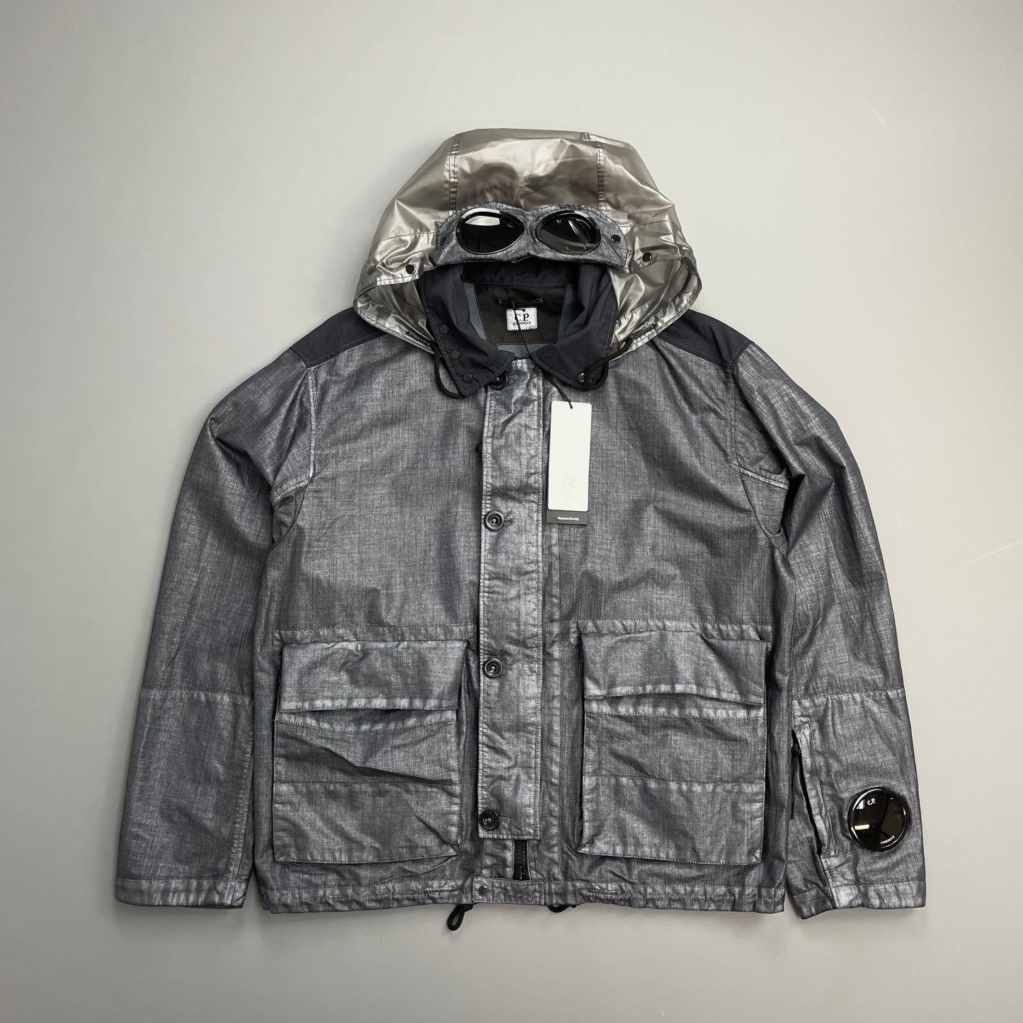 C.P. Company SS25 Oceana Blue Grey Rafia Mille Nylon Goggle Watchviewer Jacket