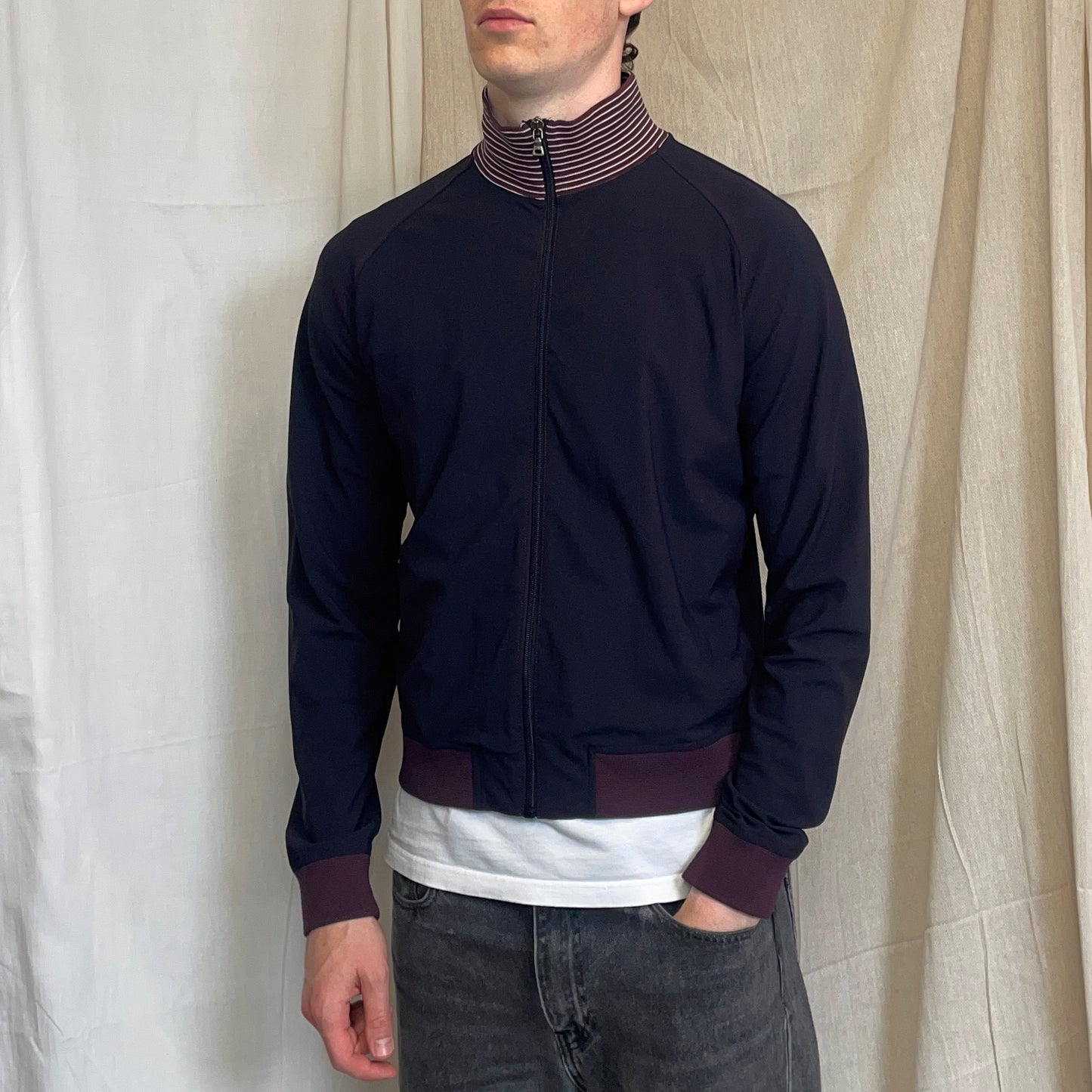 Prada Sport Navy 00s Nylon Burgundy Stripe-Detailed Track Jacket