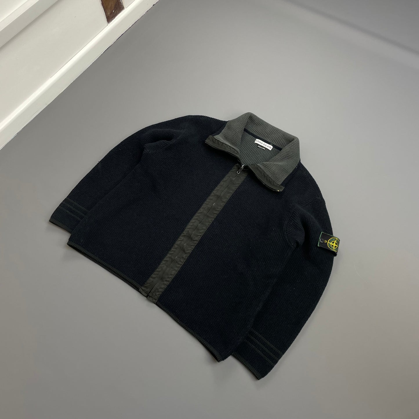 Stone Island Black/Grey AW98 Chenille Knit Zip-Through Green Edge Badge Cardigan Jacket