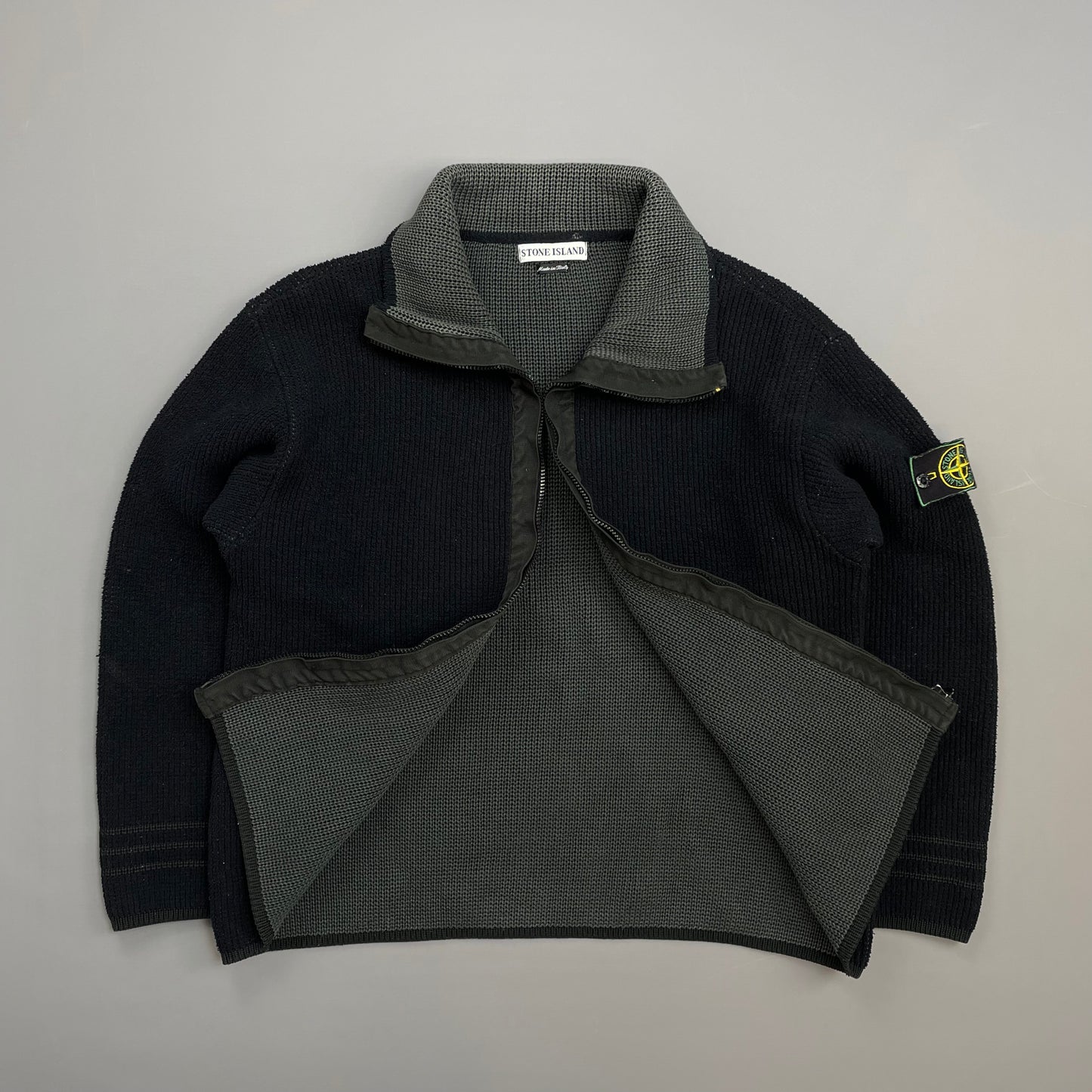 Stone Island Black/Grey AW98 Chenille Knit Zip-Through Green Edge Badge Cardigan Jacket