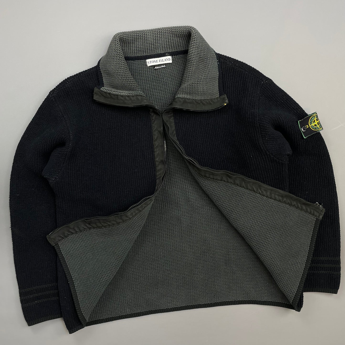 Stone Island Black/Grey AW98 Chenille Knit Zip-Through Green Edge Badge Cardigan Jacket