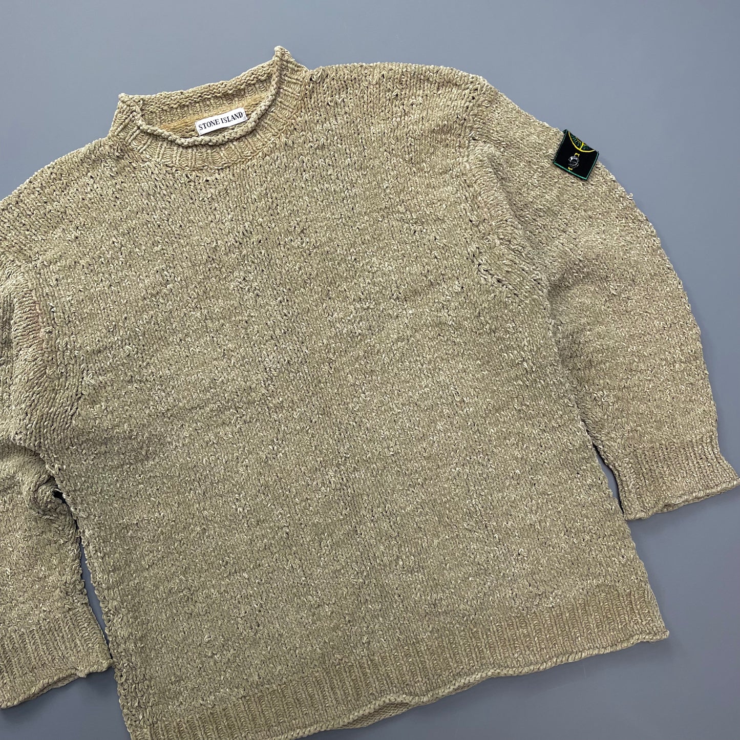 Stone Island AW94 Beige Chenille Knit Jumper w/ Green Edge Badge