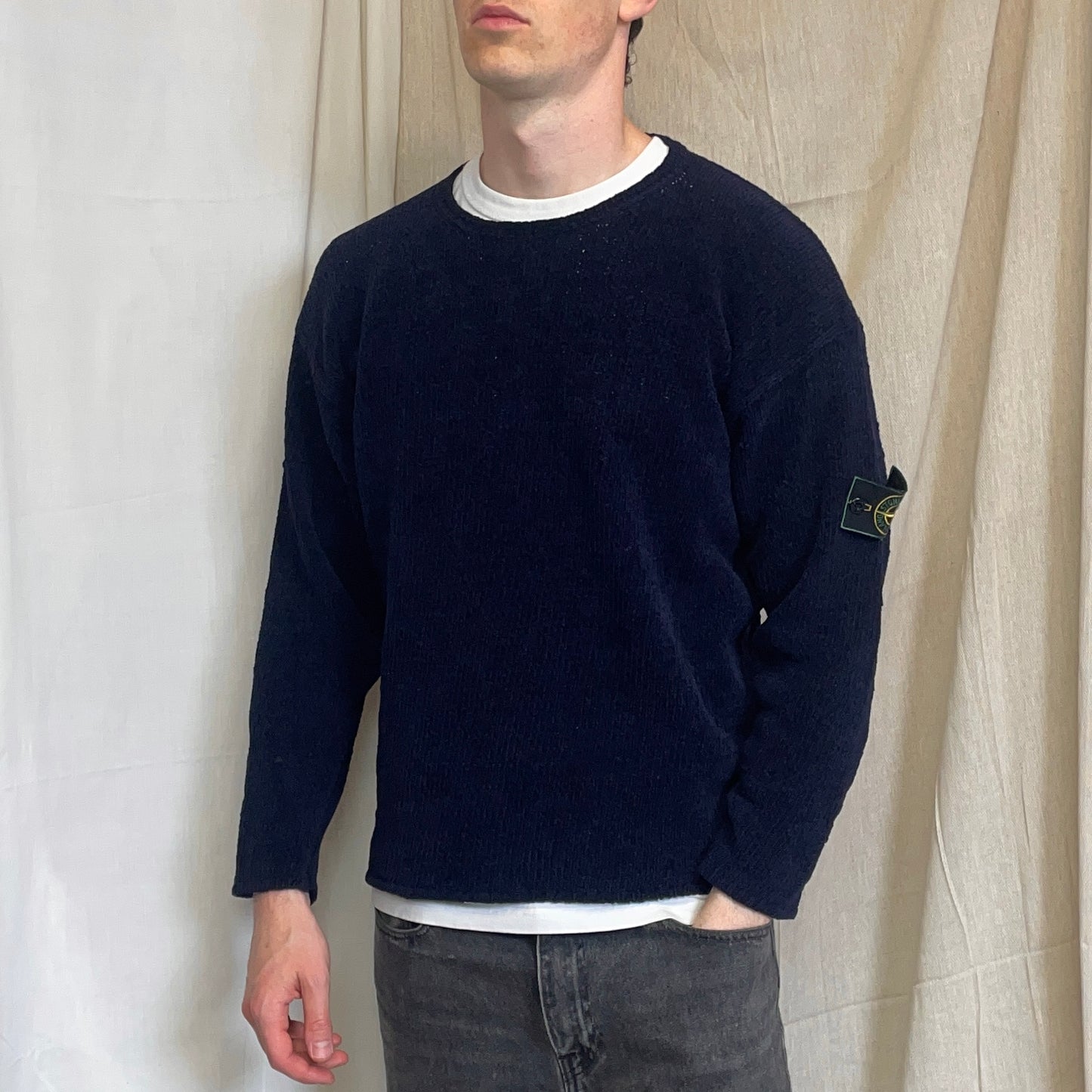 Stone Island Navy SS97 Chenille Knit Green Edge Badge Crewneck Jumper