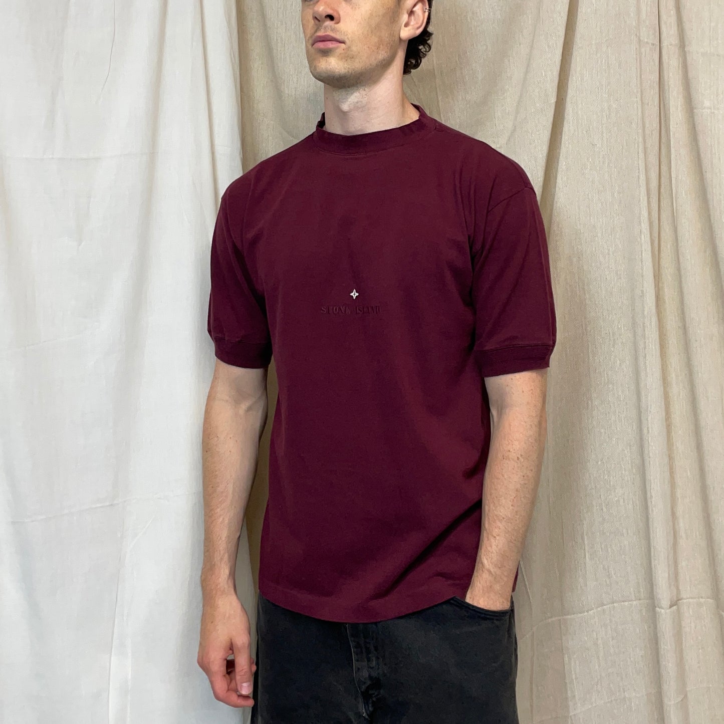 Stone Island Maroon Red 1980s Centre Star Spellout T-Shirt