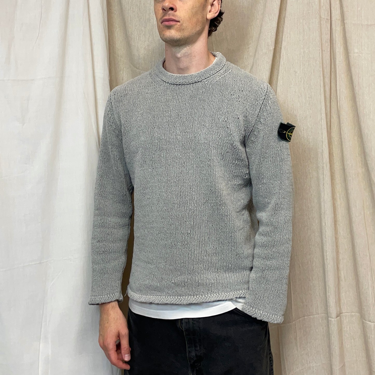 Stone Island Grey AW98 Chenille Crewneck Knit Green Edge Badge Jumper