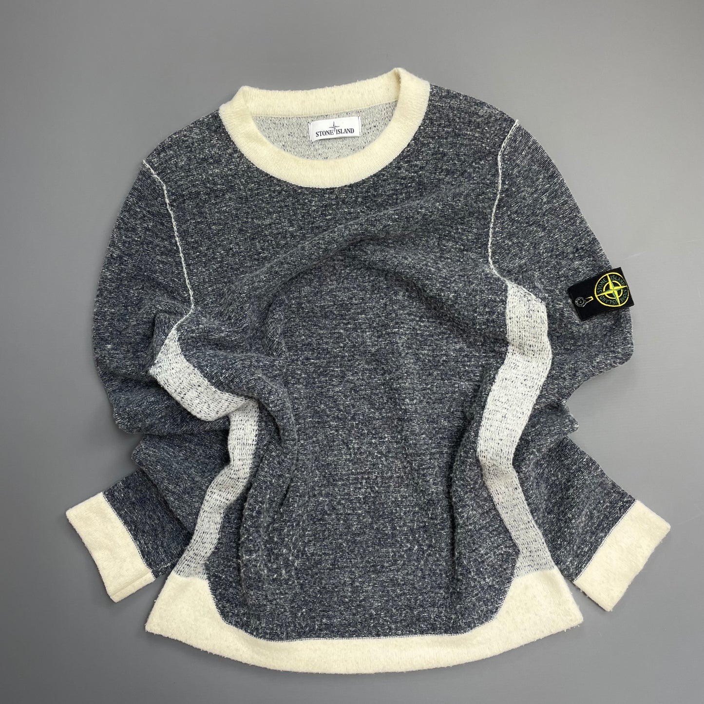 Stone Island Cream & Grey AW17 Wool Blend Tri-Tone Knit Crewneck Jumper
