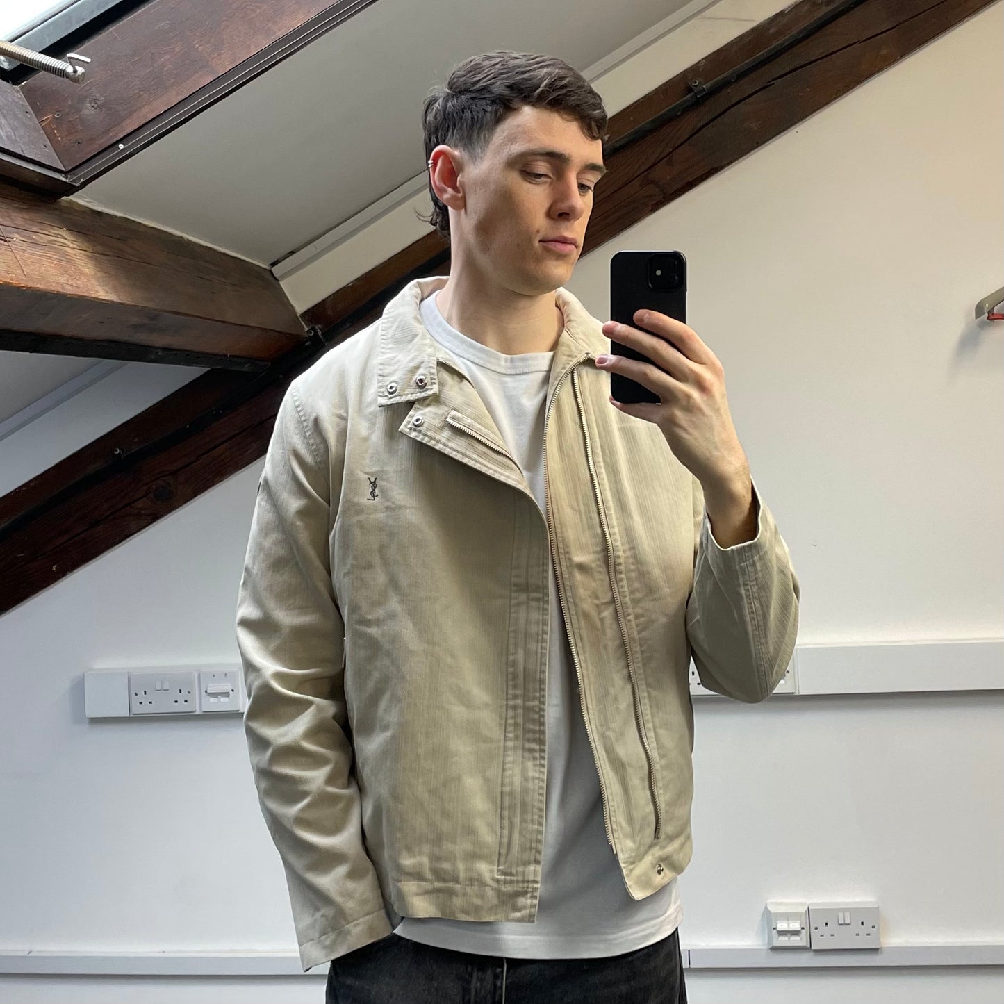 Yves Saint Laurent Homme Cream Dual Asymmetrical-Zip Harrington Jacket
