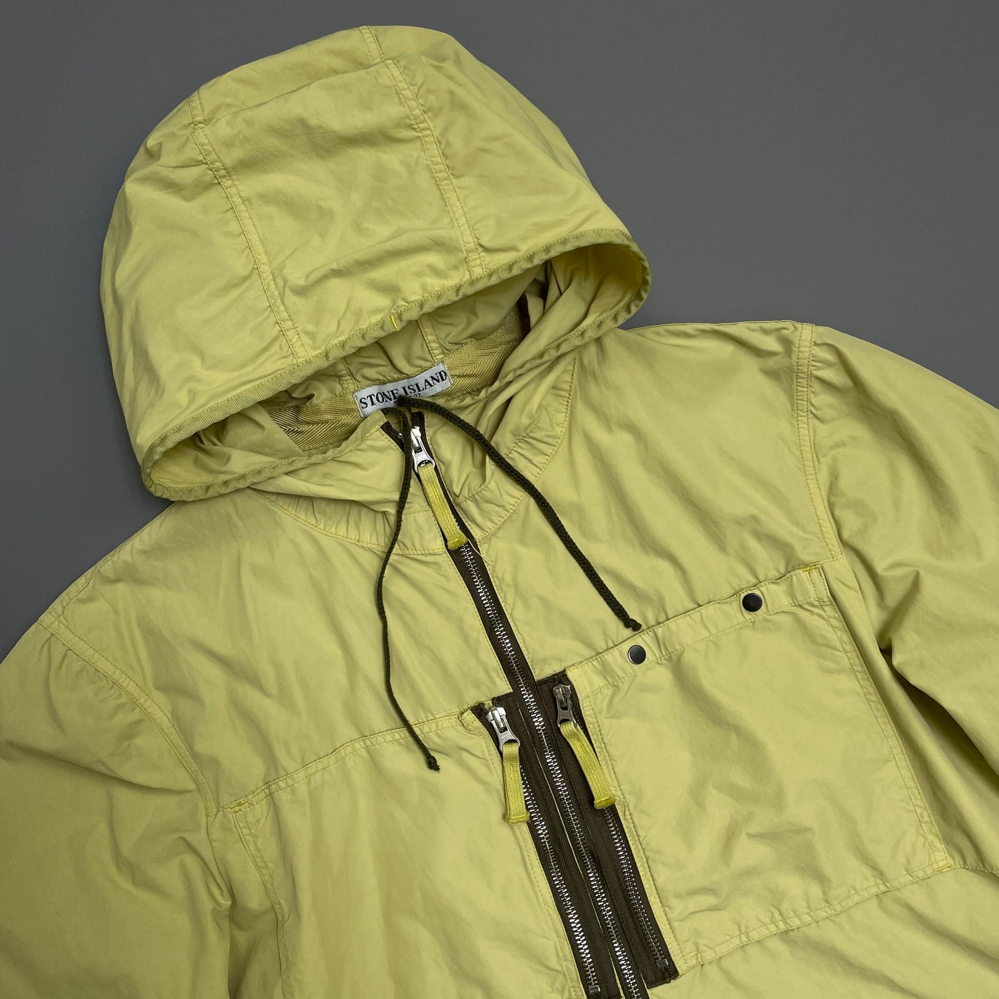 Stone Island Lime Green & Brown SS10 Coated Cotton/Nylon Hooded Windbreaker Jacket