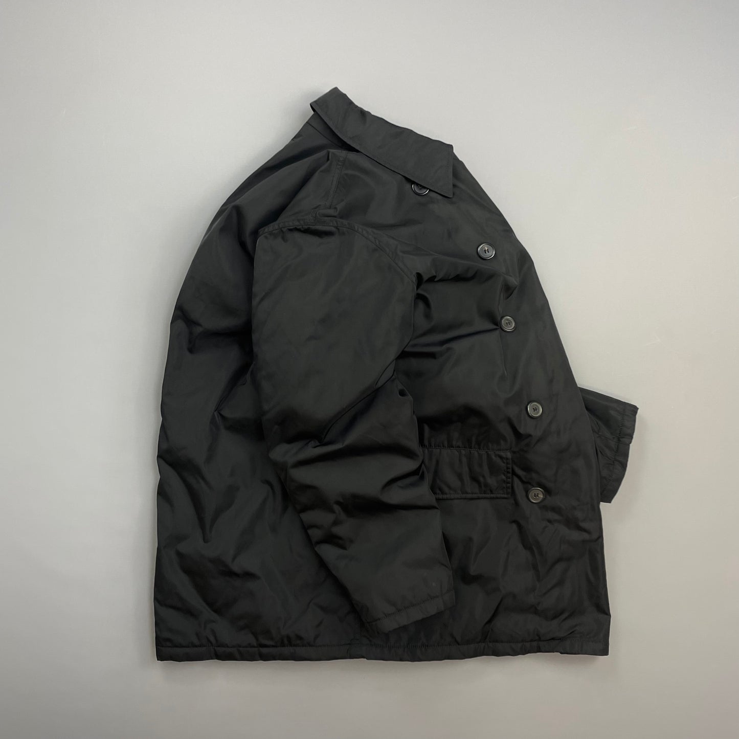 Prada Milano Black 90s Nylon Padded Button-Up Peacoat