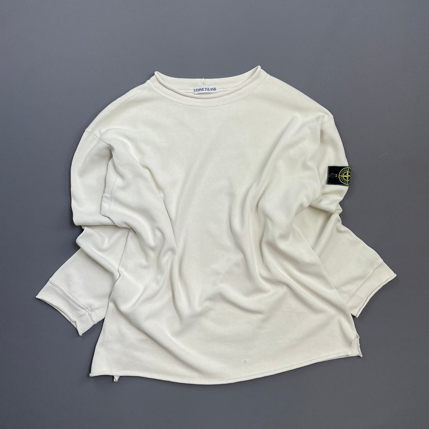 Stone Island Ivory White AW94 Raw-Edge Mockneck Heavy Cotton Green Edge Badge Jumper