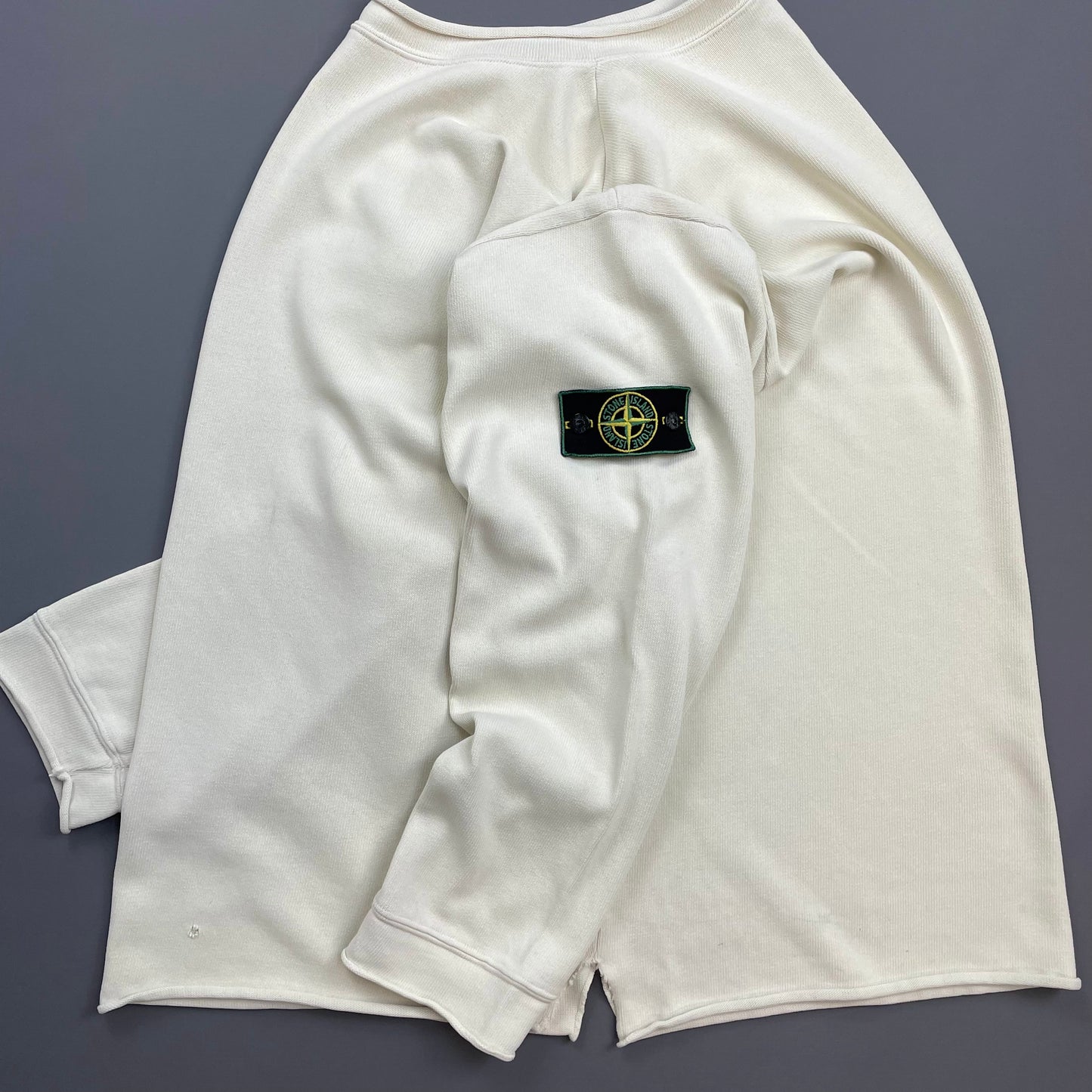 Stone Island Ivory White AW94 Raw-Edge Mockneck Heavy Cotton Green Edge Badge Jumper