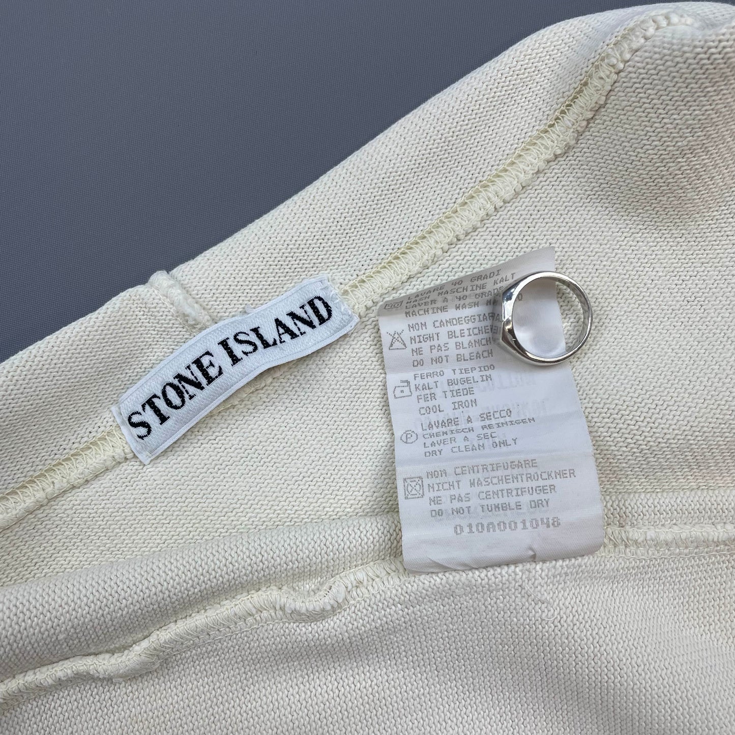 Stone Island Ivory White AW94 Raw-Edge Mockneck Heavy Cotton Green Edge Badge Jumper