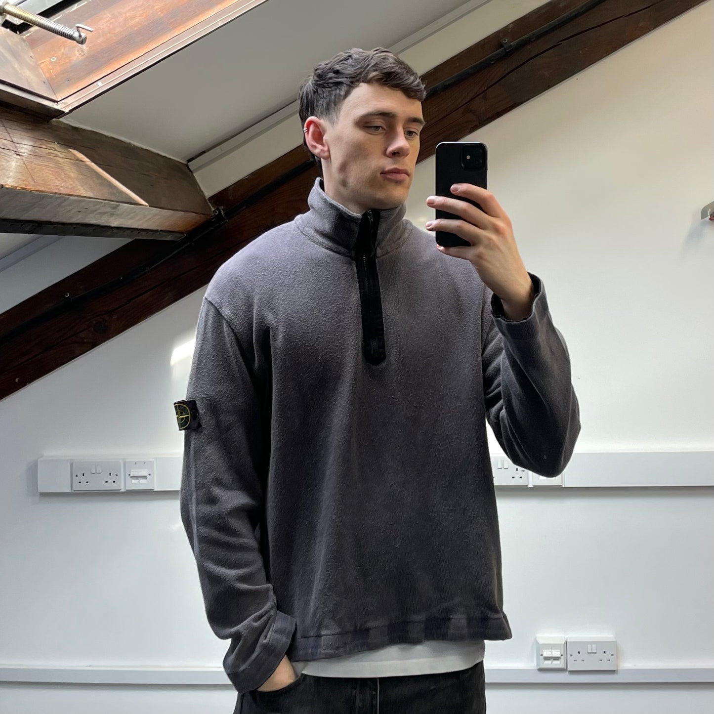 Stone Island Grey SS04 Cotton Half-Zip Snap-Button Hem Jumper