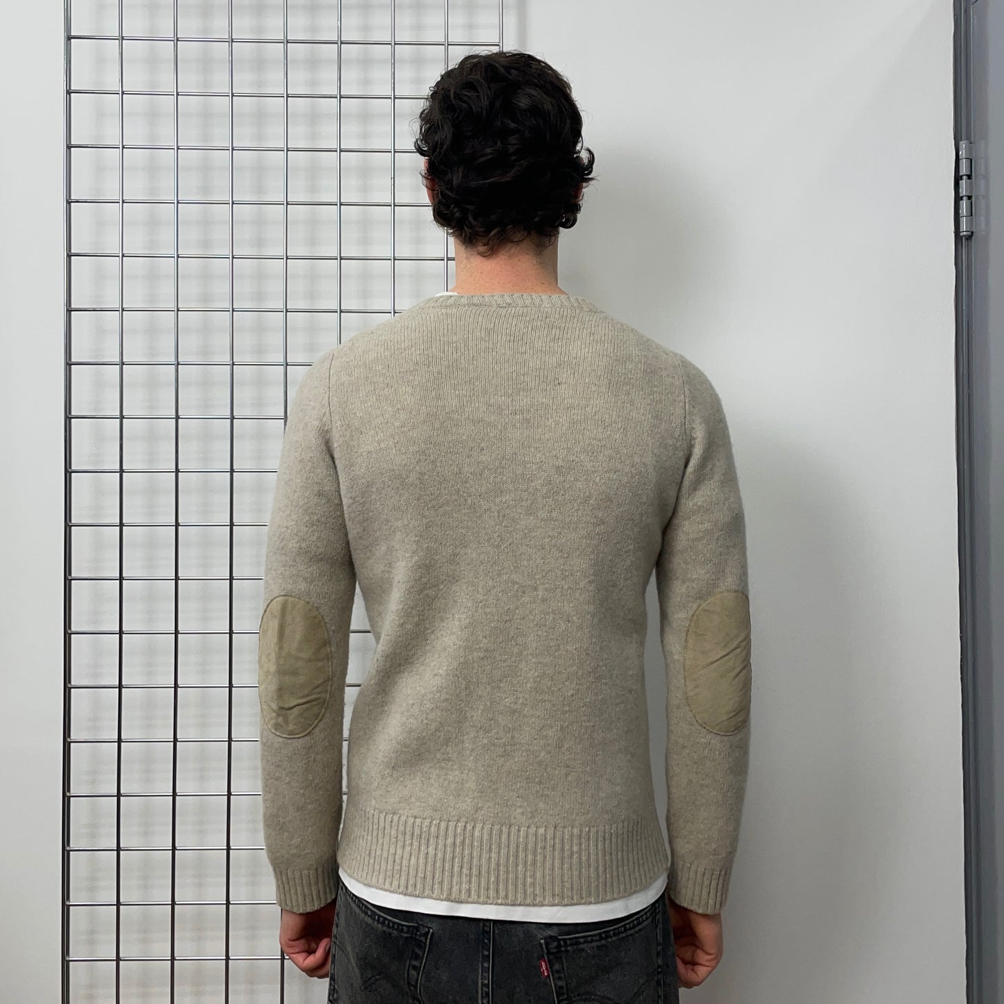 Prada Sport Grey Beige 00s Wool Knit Leather Patch Crewneck Jumper