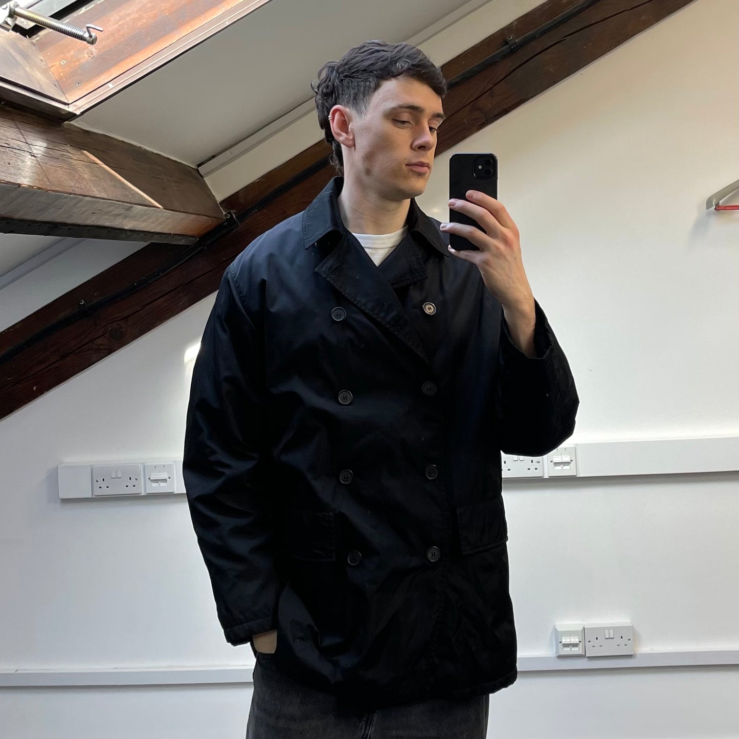 Prada Milano Black 90s Nylon Padded Button-Up Peacoat