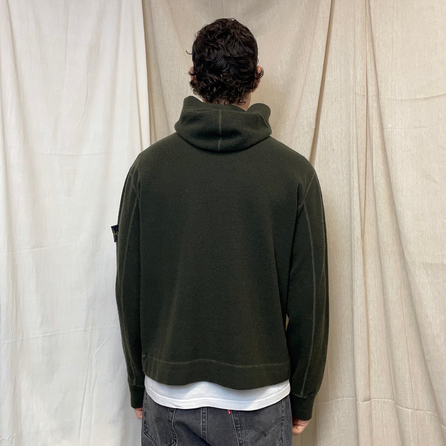 Stone Island Forest Green AW03 Wool-Blend Contrast Stitch Knit Hooded Jacket