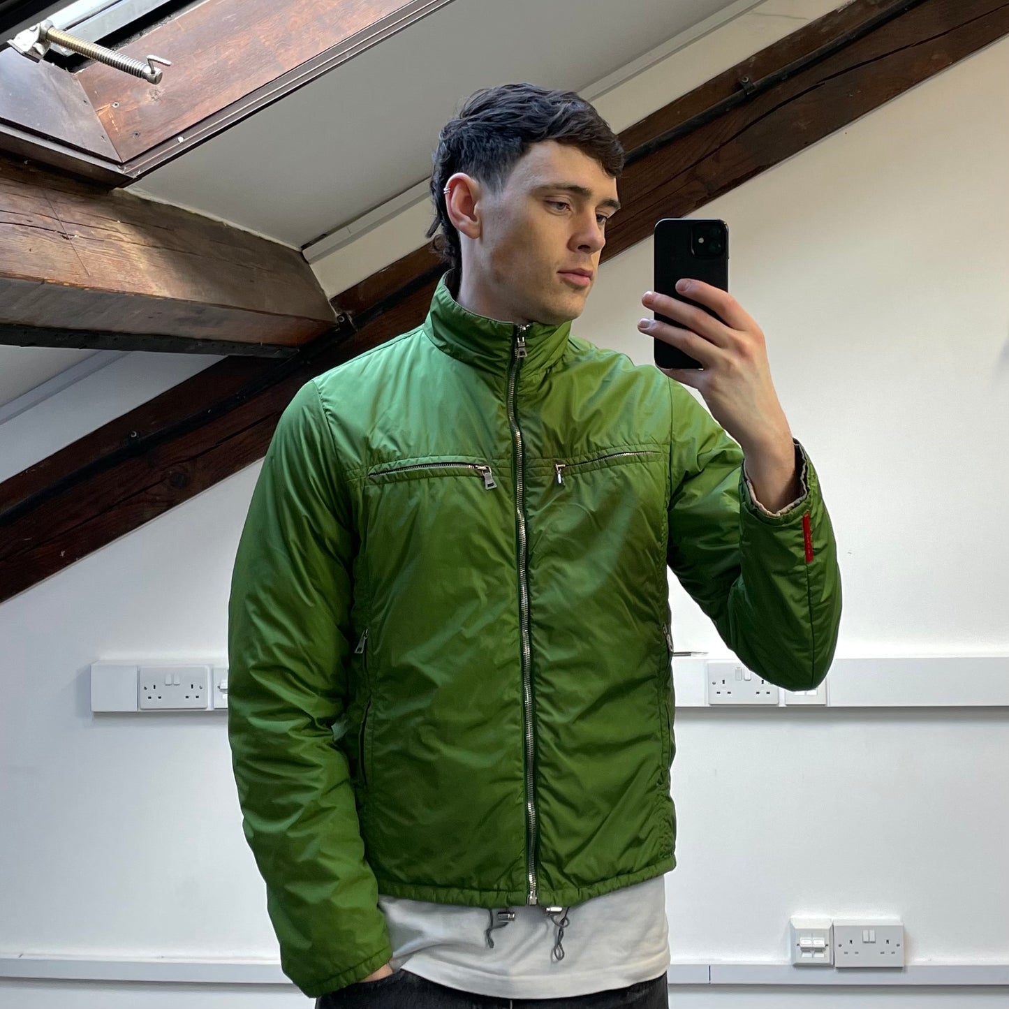Prada Sport Grey & Green Reversible Padded Nylon Harrington Jacket