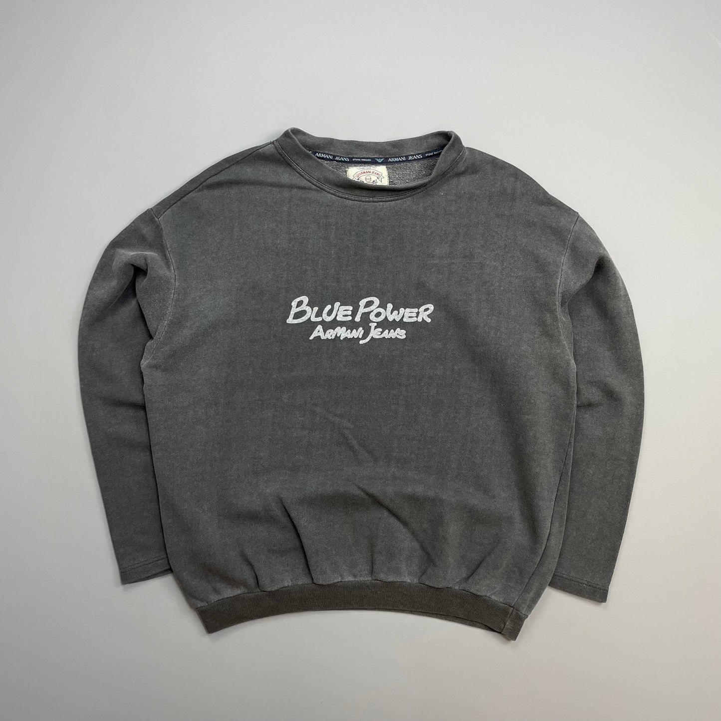Armani Jeans Grey 1990s 'Blue Power' Cotton Wide-Neck Sweatshirt