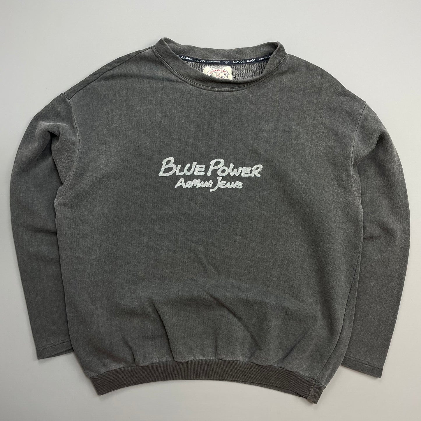 Armani Jeans Grey 1990s 'Blue Power' Cotton Wide-Neck Sweatshirt