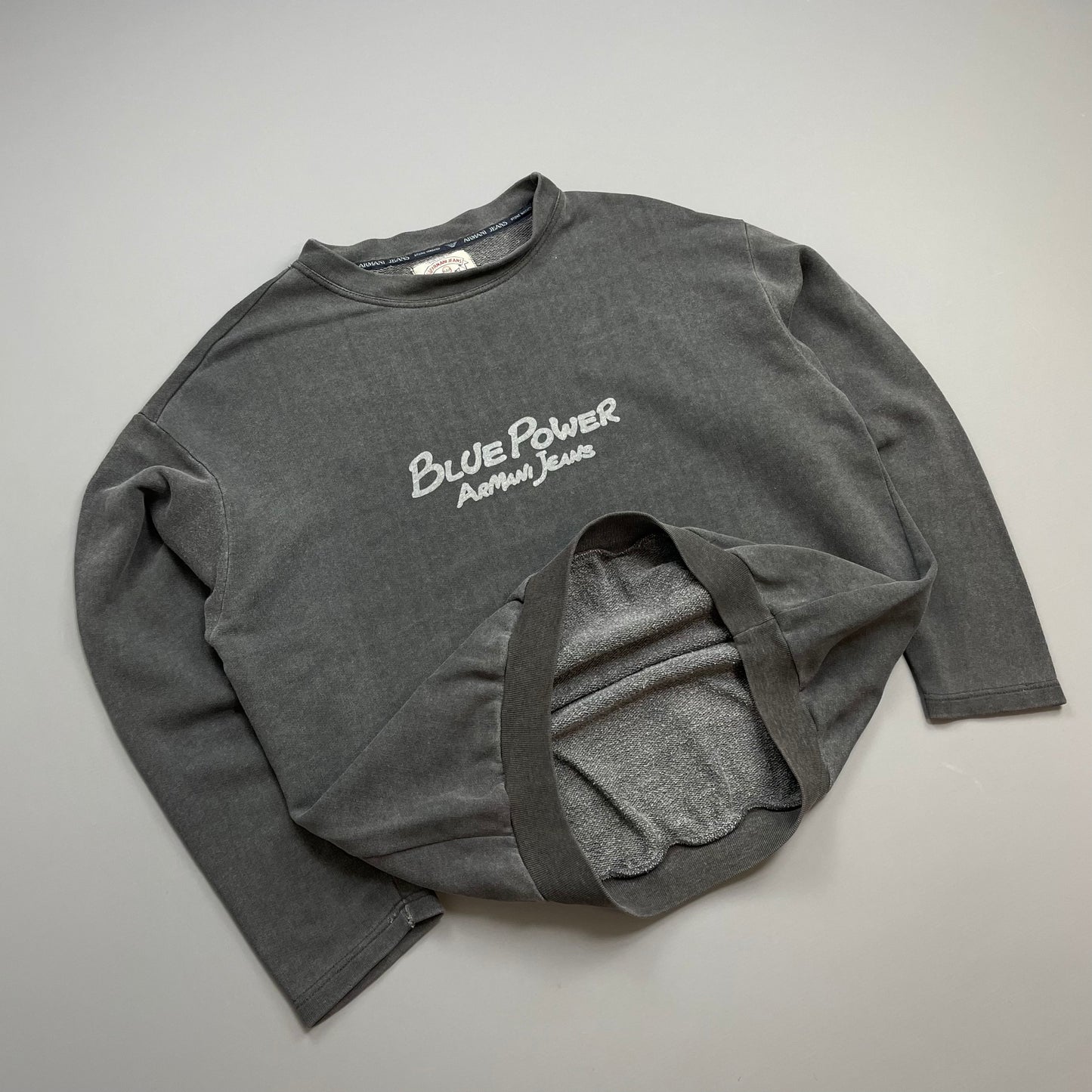 Armani Jeans Grey 1990s 'Blue Power' Cotton Wide-Neck Sweatshirt