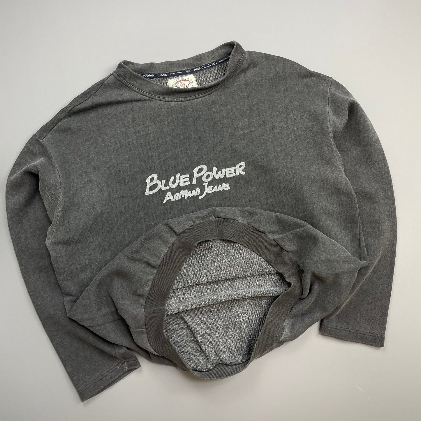 Armani Jeans Grey 1990s 'Blue Power' Cotton Wide-Neck Sweatshirt