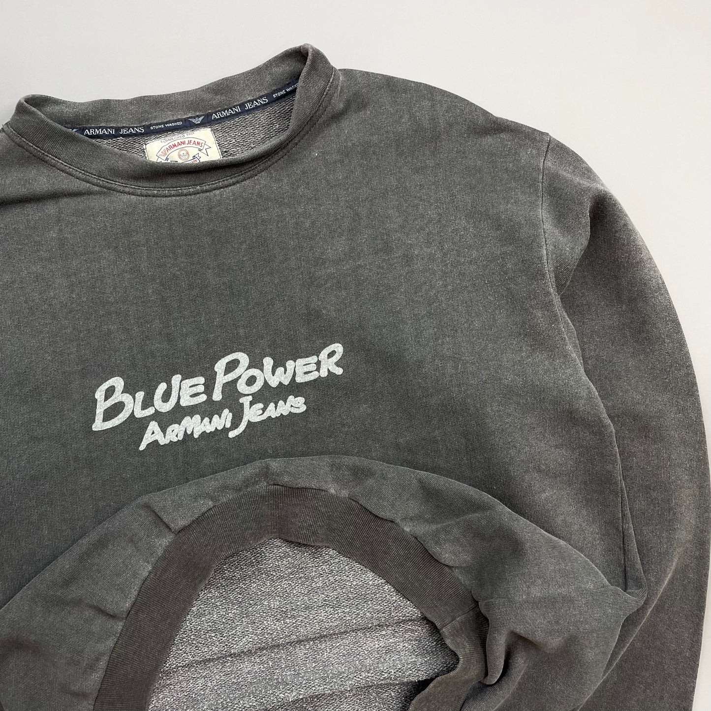 Armani Jeans Grey 1990s 'Blue Power' Cotton Wide-Neck Sweatshirt