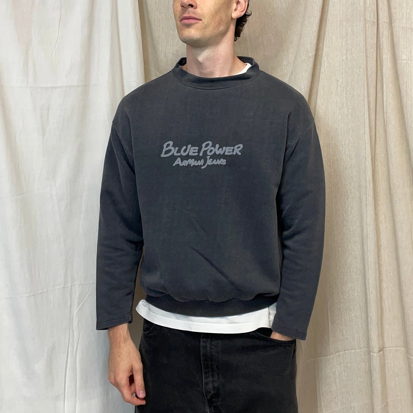 Armani Jeans Grey 1990s 'Blue Power' Cotton Wide-Neck Sweatshirt