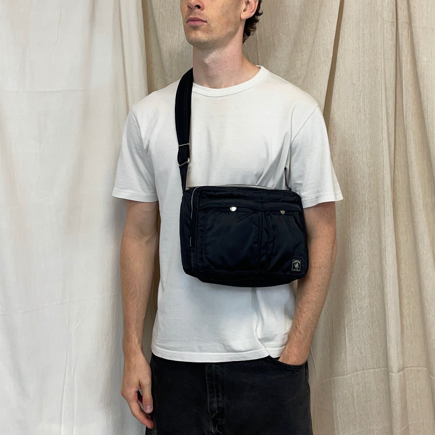Porter International Black Nylon Crossbody Shoulder Bag