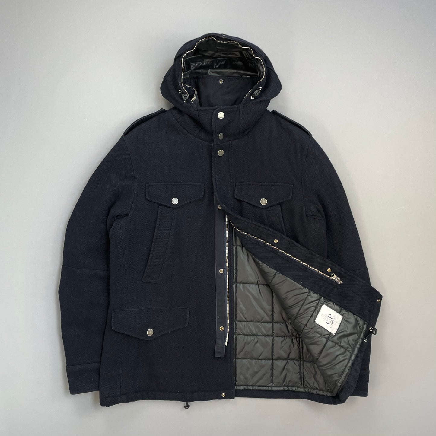 C.P. Company Navy Wool Padded Multi-Pocket Hooded Parka Jacket