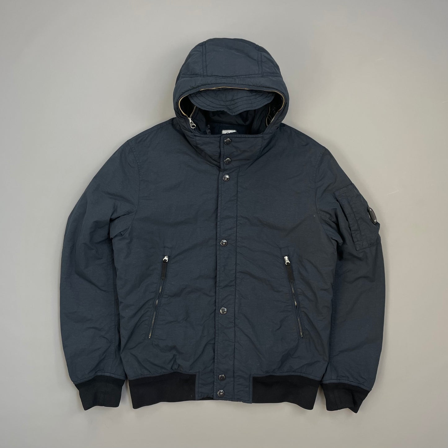 C.P. Company Navy & Black Two-Tone Flatt Nylon Padded Utility Hood Bomber Jacket