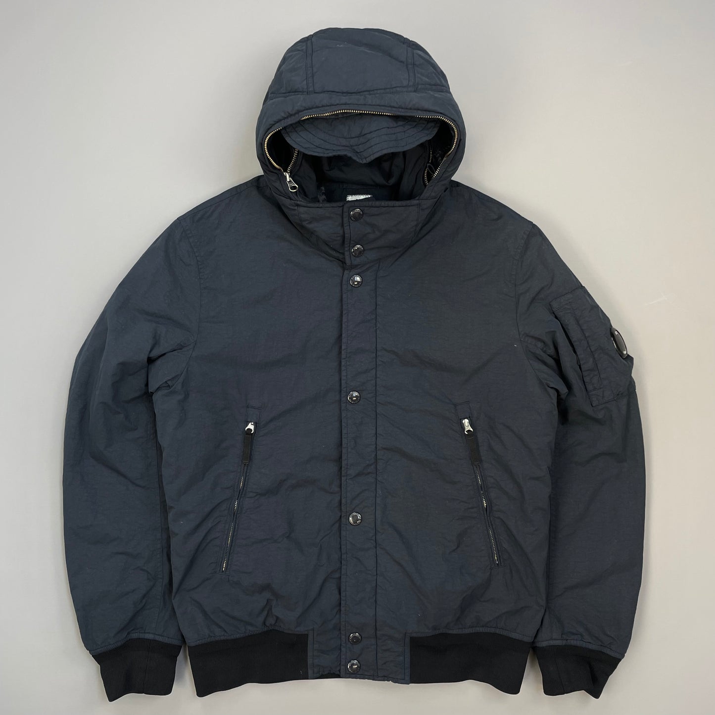 C.P. Company Navy & Black Two-Tone Flatt Nylon Padded Utility Hood Bomber Jacket