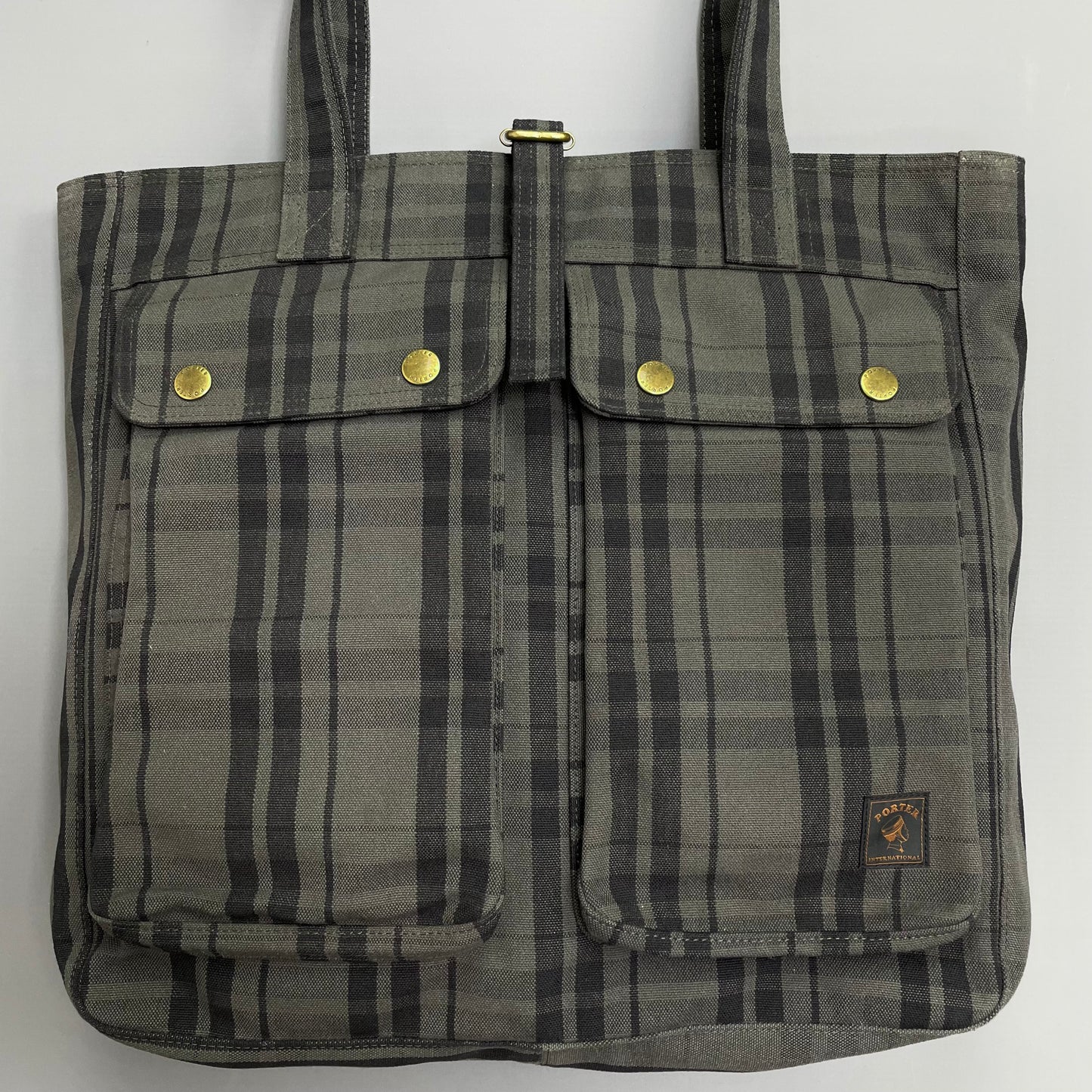 Porter International Grey & Brown Checkered Canvas Side Tote Bag