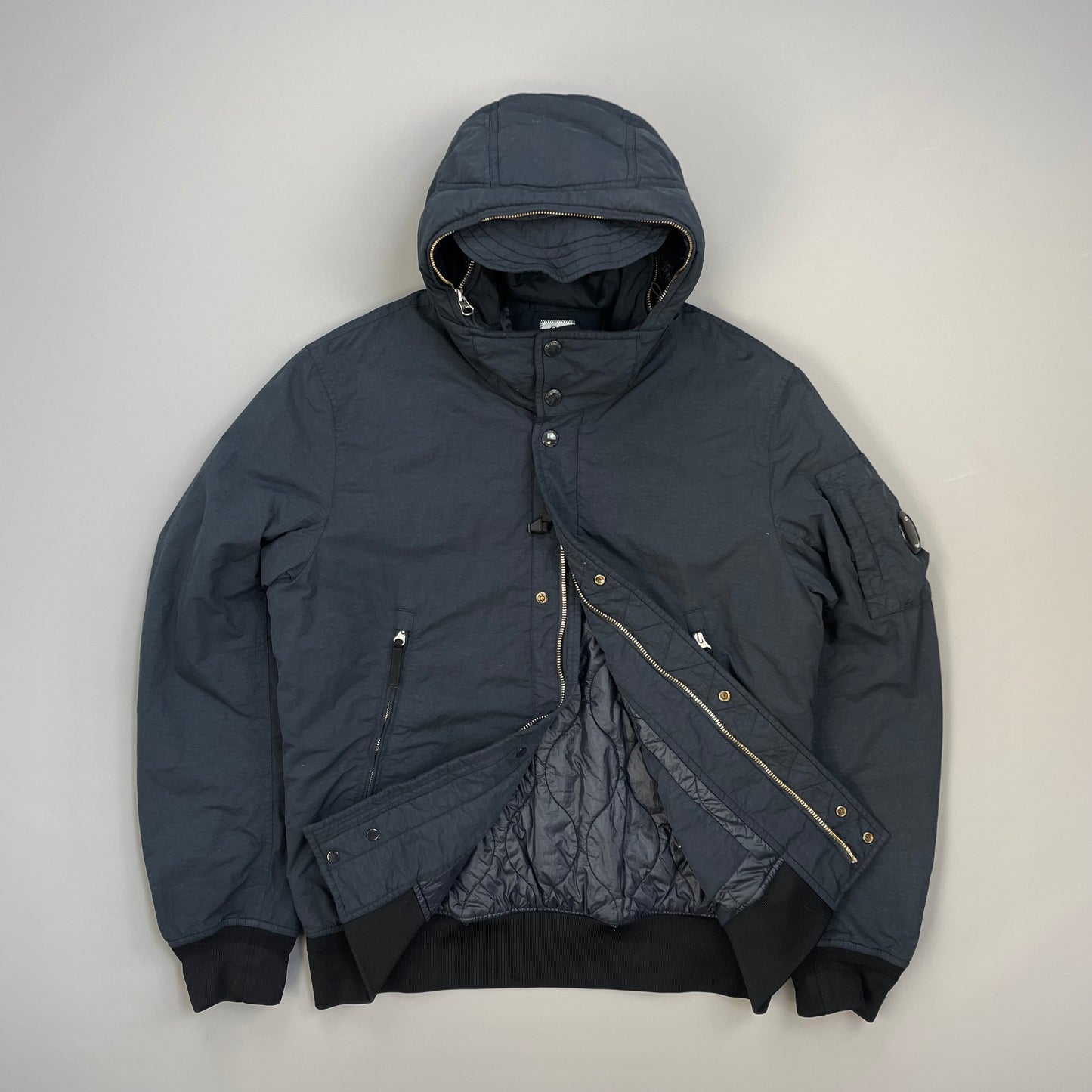 C.P. Company Navy & Black Two-Tone Flatt Nylon Padded Utility Hood Bomber Jacket