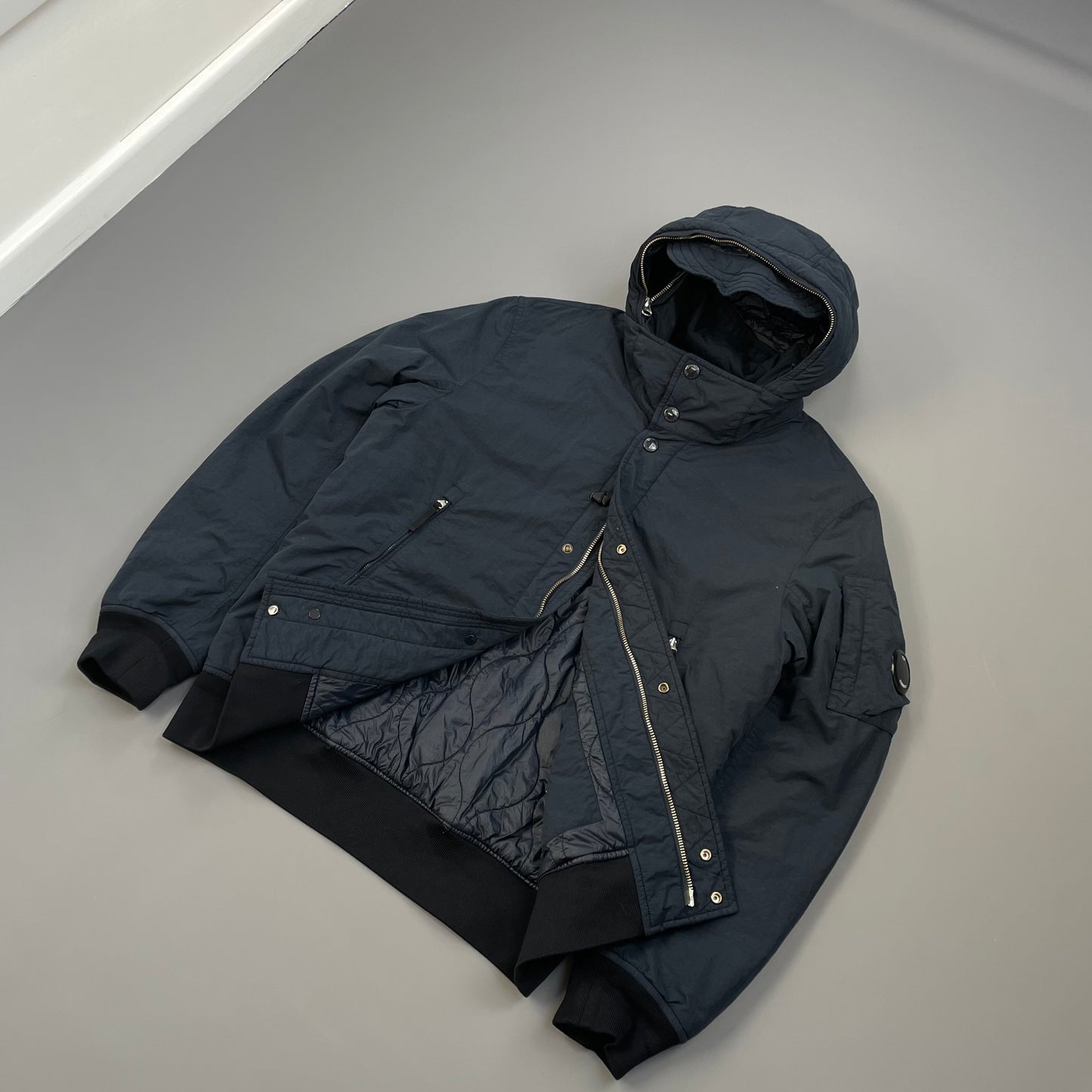 C.P. Company Navy & Black Two-Tone Flatt Nylon Padded Utility Hood Bomber Jacket