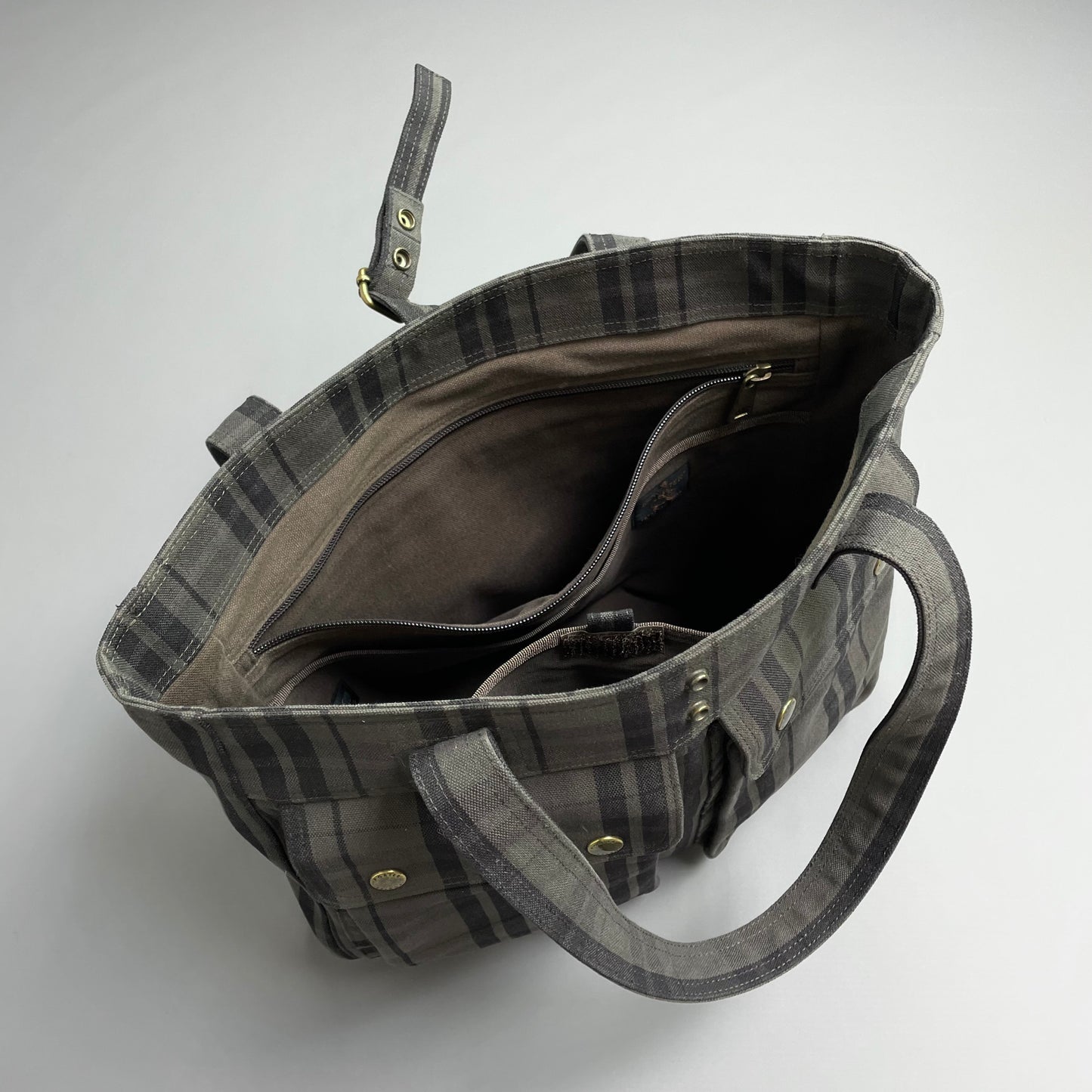 Porter International Grey & Brown Checkered Canvas Side Tote Bag