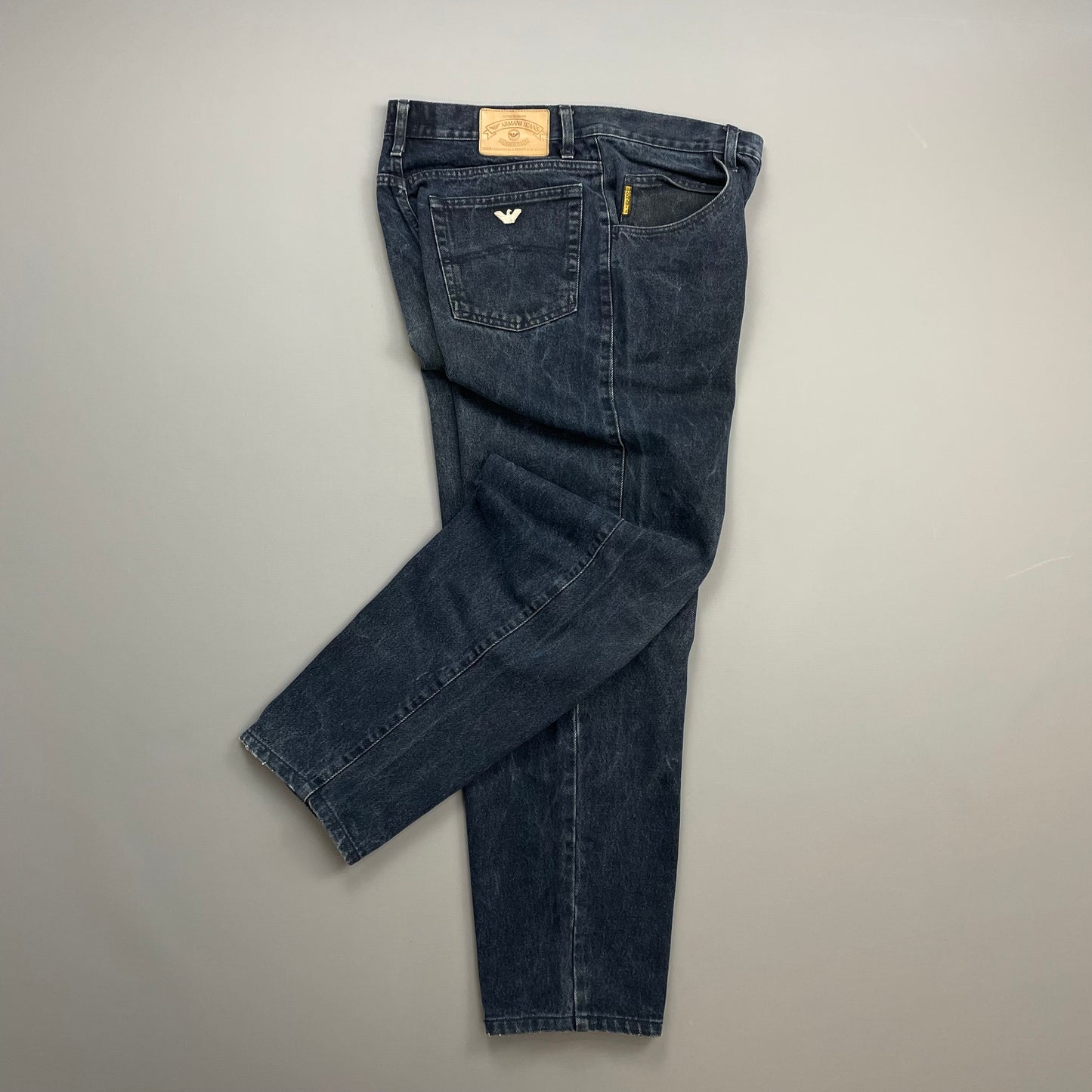 Armani Jeans Dark Blue 1990s Silver Logo Barrel Leg Denim Jeans