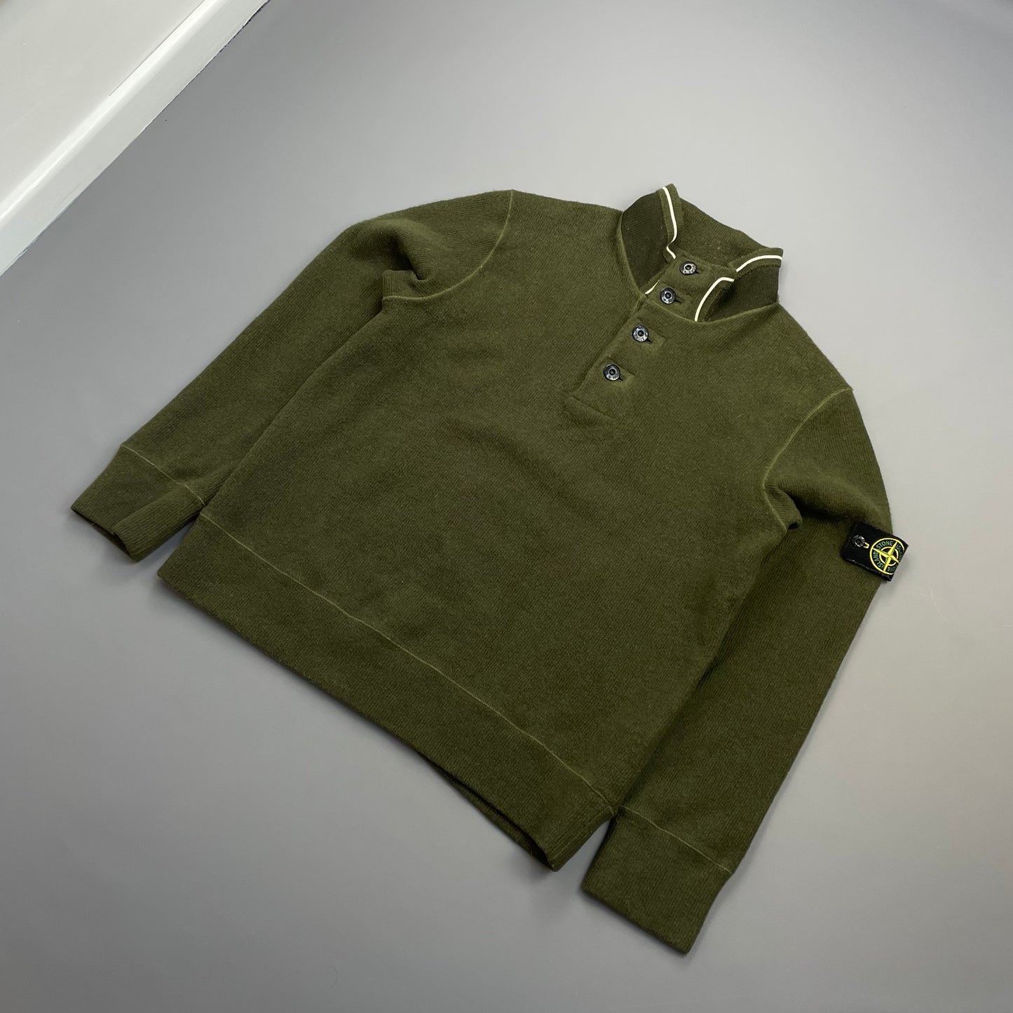Stone Island Green AW06 Fine-Rib Wool Knit Button Collar Jumper