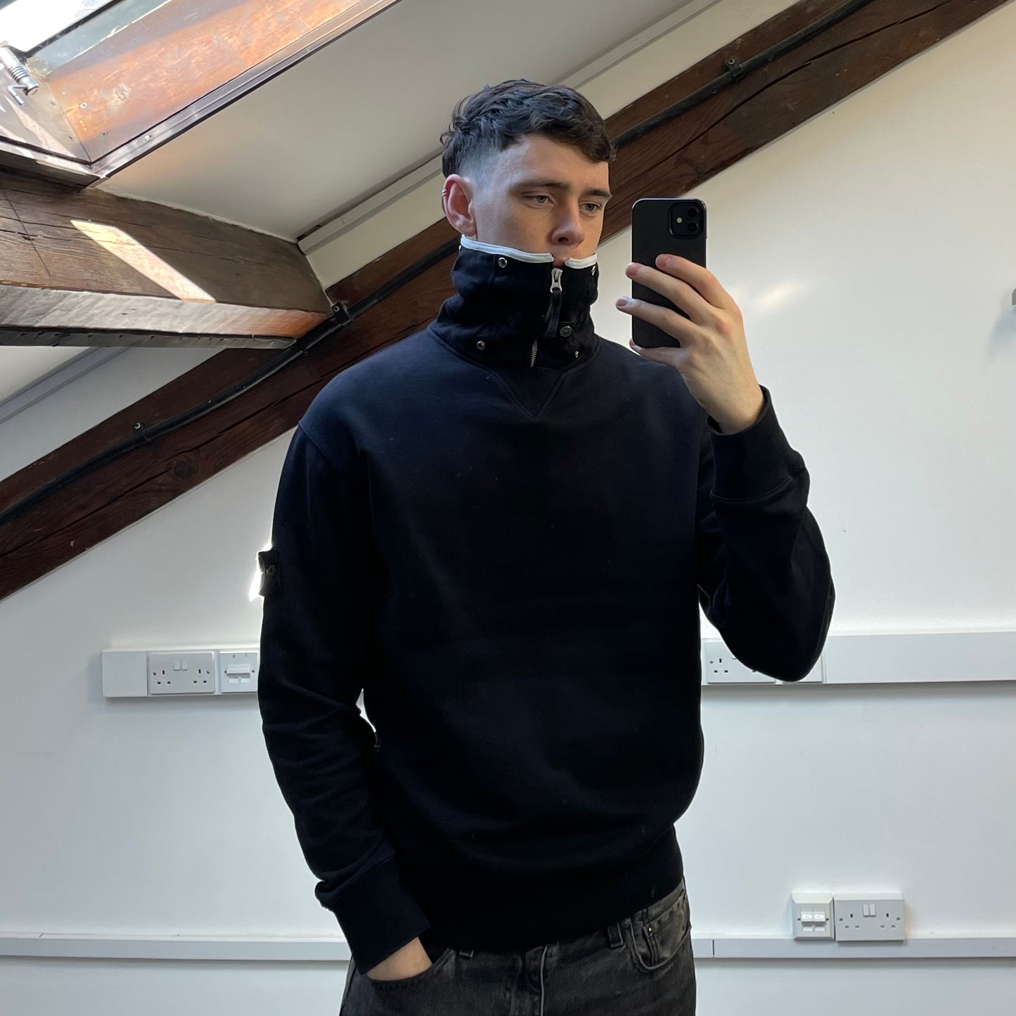 Stone Island Navy SS10 Button-Down Funnel Neck Jumper